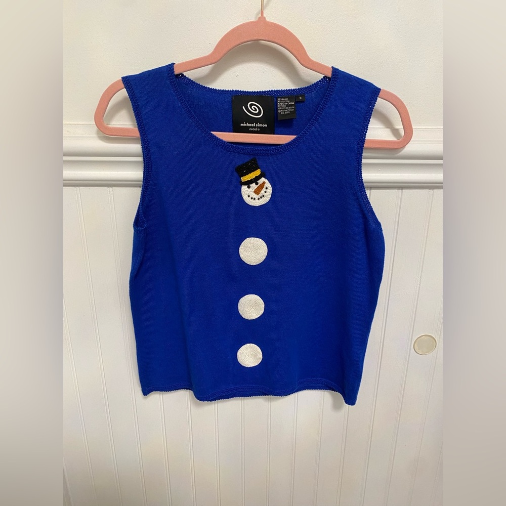 Vintage Michael Simon Women’s Royal Blue Snowman Sweater Tank Top